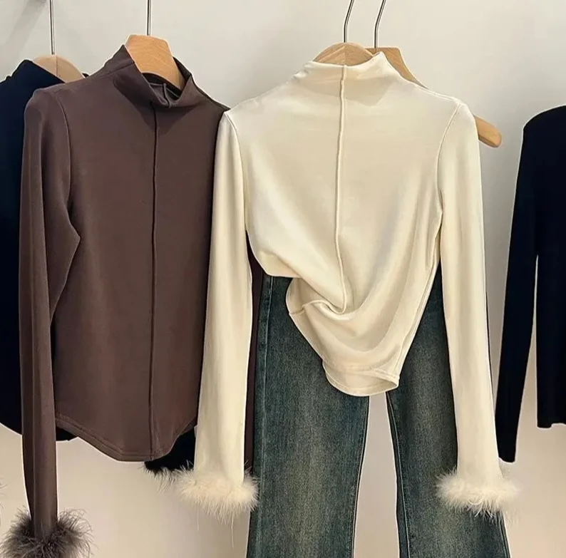 قميص نسائي بأكمام طويلة وياقة عالية مبطن بالصوف، ملابس داخلية، قميص علوي نحيف، موضة الخريف والشتاء #2