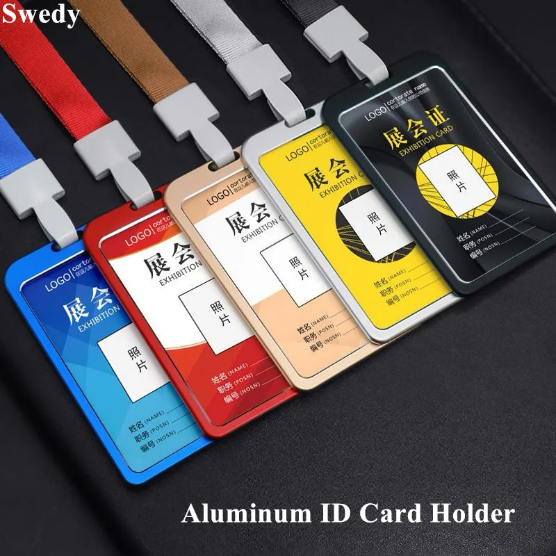 10 Pieces Big 100*70MM Aluminum Alloy Office Worker ID Card Badge Holder With Neck Lanyard Working Card Name Holder Protector