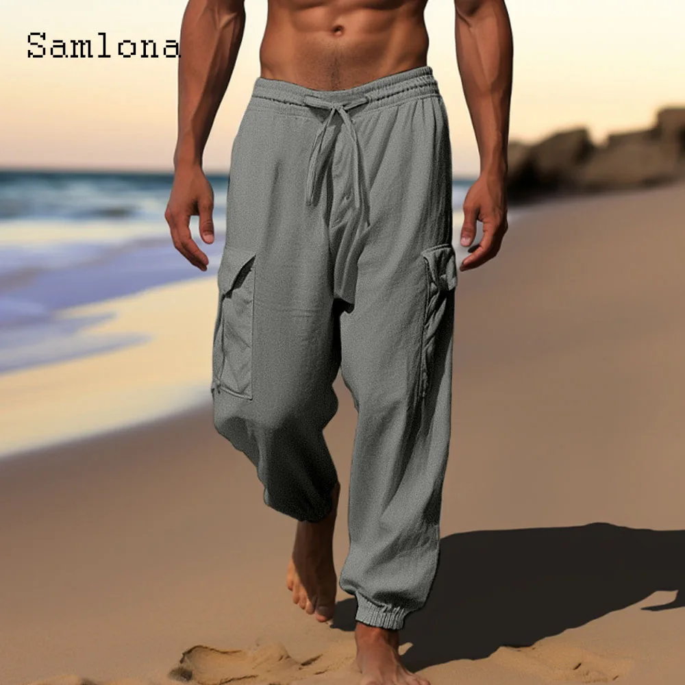 Bombachos elegantes de lino y algodón para hombre, pantalones de bolsillo grandes y grandes hasta el tobillo, Vintage, cintura elástica sólida, 3xl