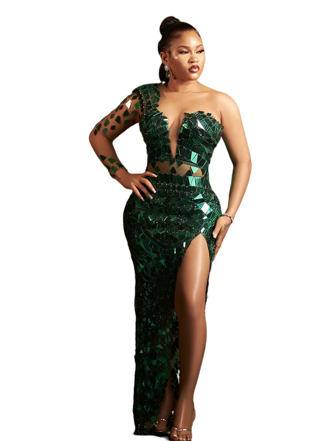 Long Mermaid Sparkly Evening Gowns emerald green African Sexy One Shoulder mirror crystal Slim Fit prom dress Robe de Soiree