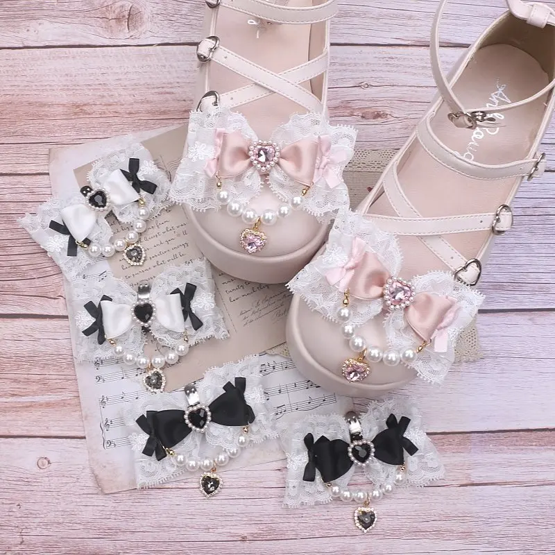 Handmade Japanese original Lolita beaded lace love pendant big bow light lo sweet cute shoe clip