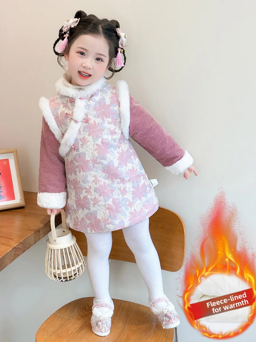 

Thiened Long Sve для девочек клетчатая одежда с воротником-стойкой Fce на подкладке Qipao, зимняя новая детская традиционная китайская одежда