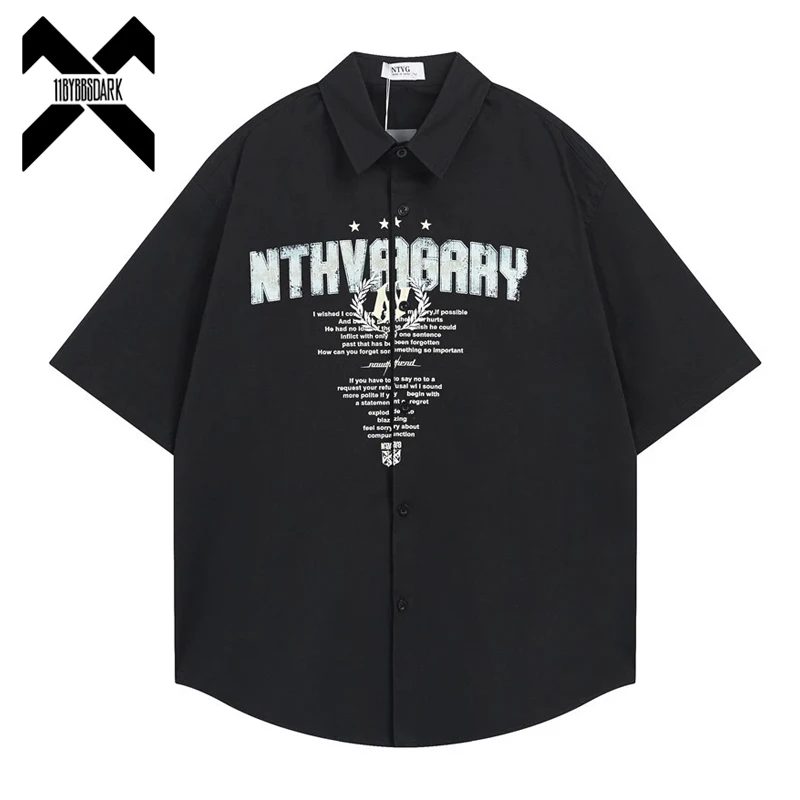 

Japanese Style Men's Short Sleeve Shirt Loose Letter Pattern Summer Top Black