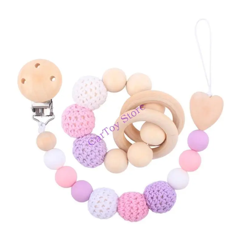 

634F Cartoon Wooden Teething Bracelet Beads Pacifier Holder with Clip Teether
