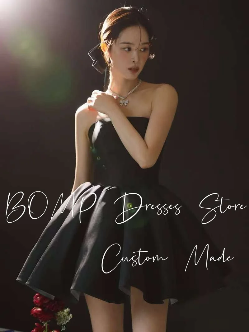 

BOMP Modern Black Mini Wedding Party Dress Strapless Draped A-Line Taffeta Korea Photo Shoot Bridal Reception Gown Customized