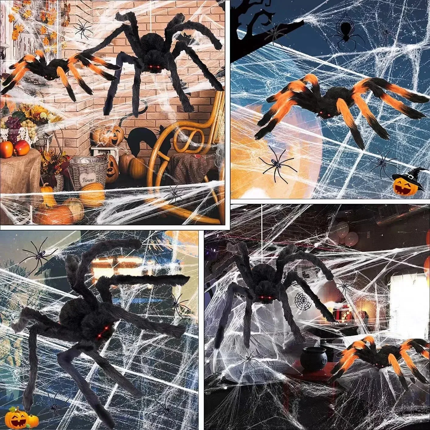 Riesiges rundes Spinnennetz und große haarige künstliche Spinne – gruselige Requisiten für Halloween-Dekorationen für Garten, Tür & Outdoor-Deko, Partygeschenke – Detail 2