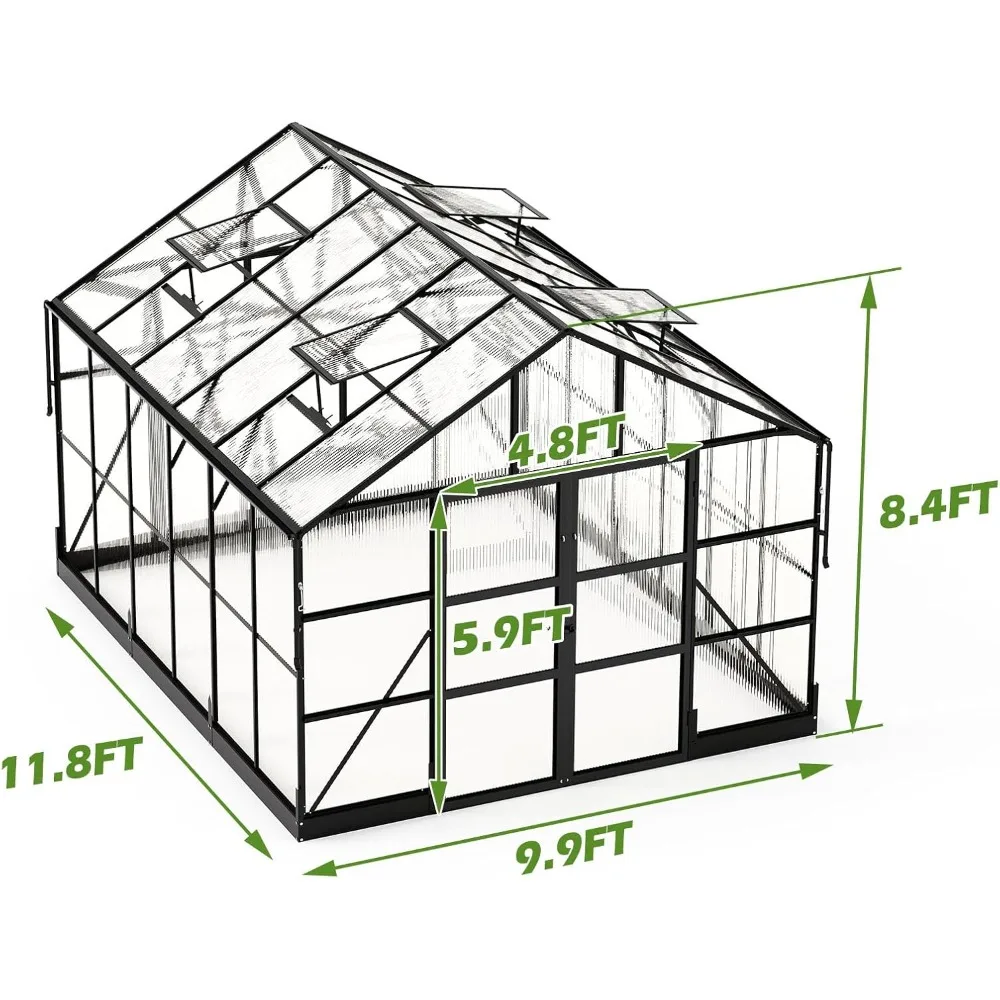 10x12x8.4 FT Greenhouse with 4 Roof Vents & Rain Gutter, Outdoor Heavy Duty Aluminum Polycarbonate Greenhouse