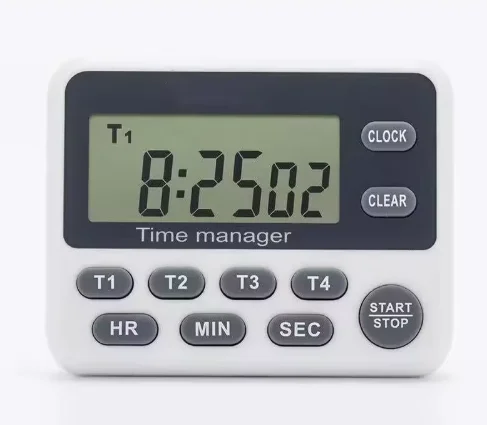digital timer with alarm clock 4 channels for use in kitchen laboratory classrooms with measuring and analytical instruments