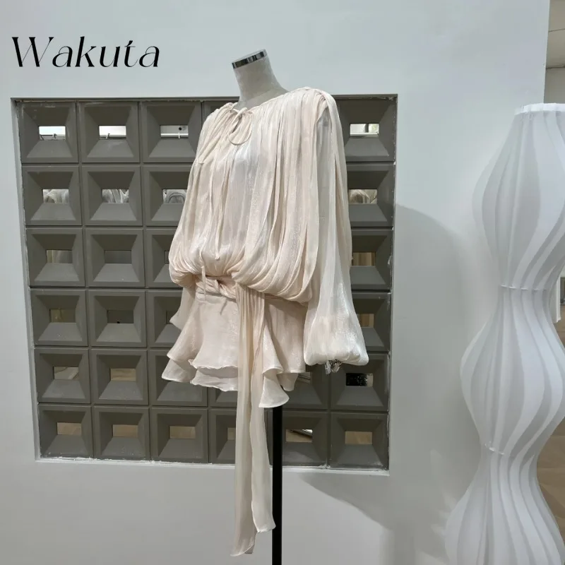 

WAKUTA French Solid Patchwork Lace Up Loose Robe for Women O Neck Long Sleeve High Waist Spliced Folds Temperament Dress Female
