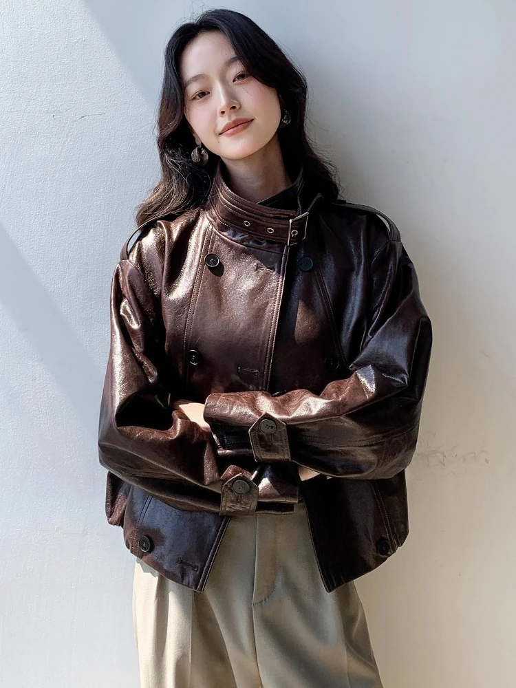 Vintage Short Genuine Leather Motorcycle Jacket Women Spring Autumn High-end Simple Stand Collar Soft Oil Wax Real Goatskin Coat