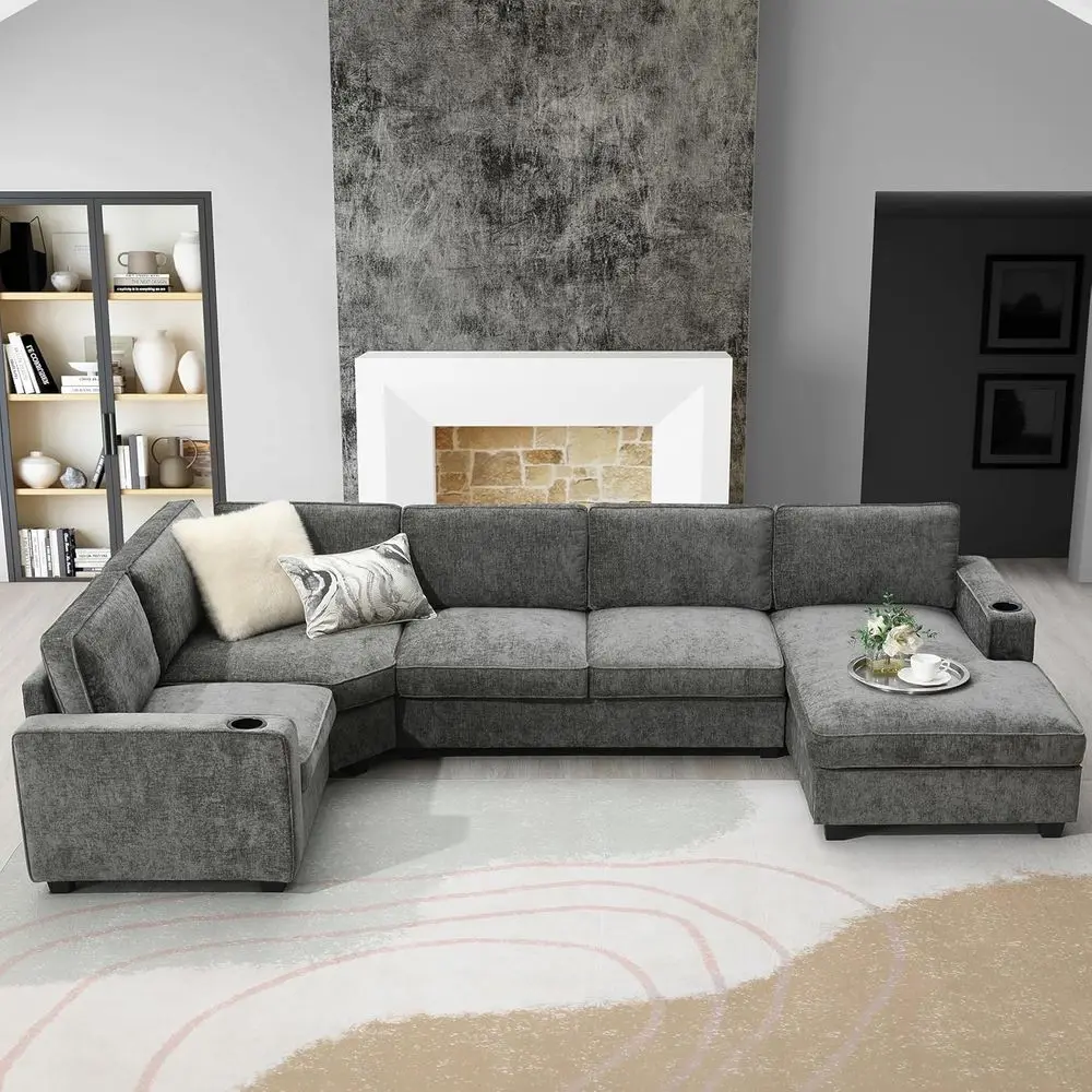 

U-Shaped Cloud Couch Set with Oversized Chaise, 6-Seat Chenille Sectional Sofa Bed, Sleeper with Cup Holders, Gray Living Room