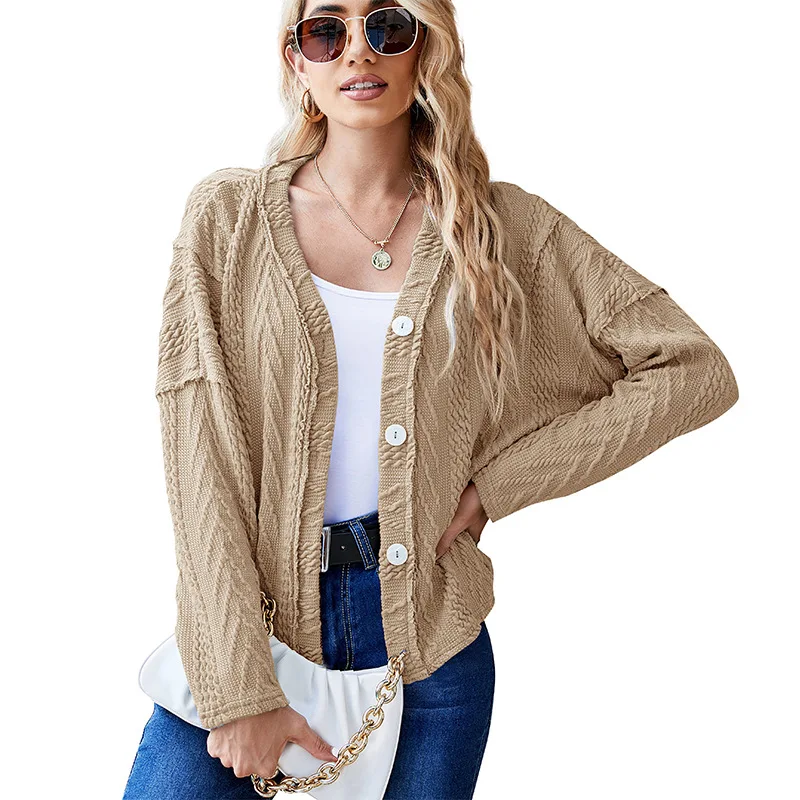 

Pure Color Sweater Women Spring And Autumn Mid-length V-neck Simple Temperament Knitted Cardigan Casual Single-breasted Sweater