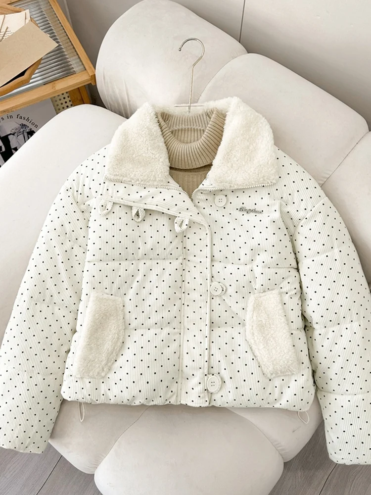 

Fashionable Polka Dot Print Short Cotton Jacket Women's Warm Cozy Collar Winter Outerwear Korean Style Loose Fit Coat
