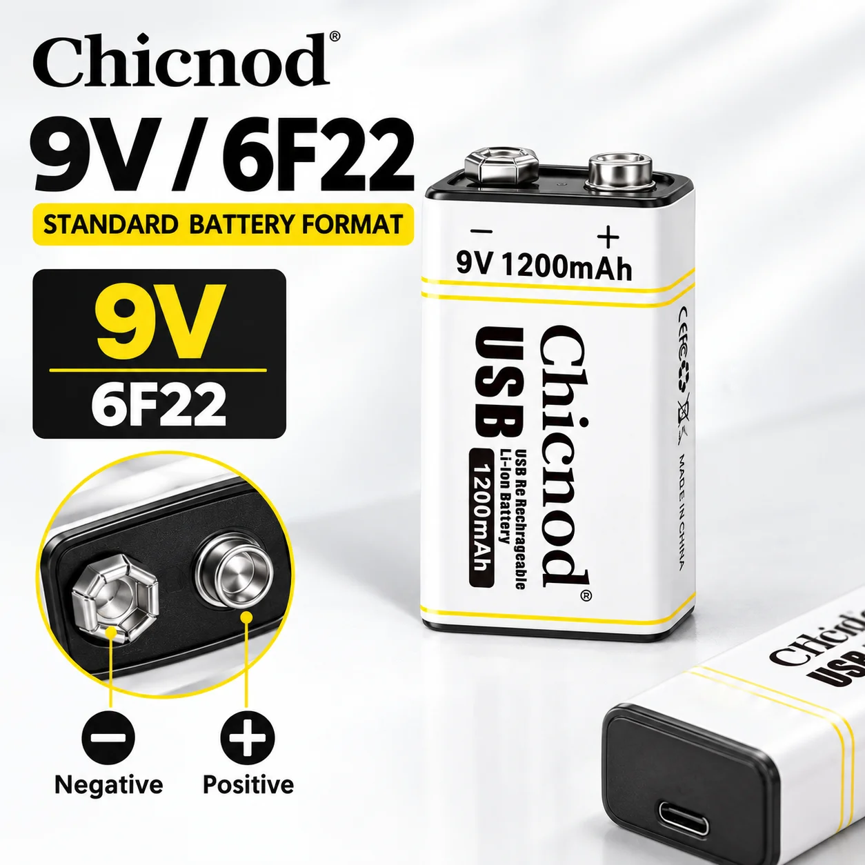 CHICNOD 9V 1200mAh Rechargeable Li-ion Battery USB Type-C Direct Charging for Wireless Microphones Guitar Pedals Audio Equipment