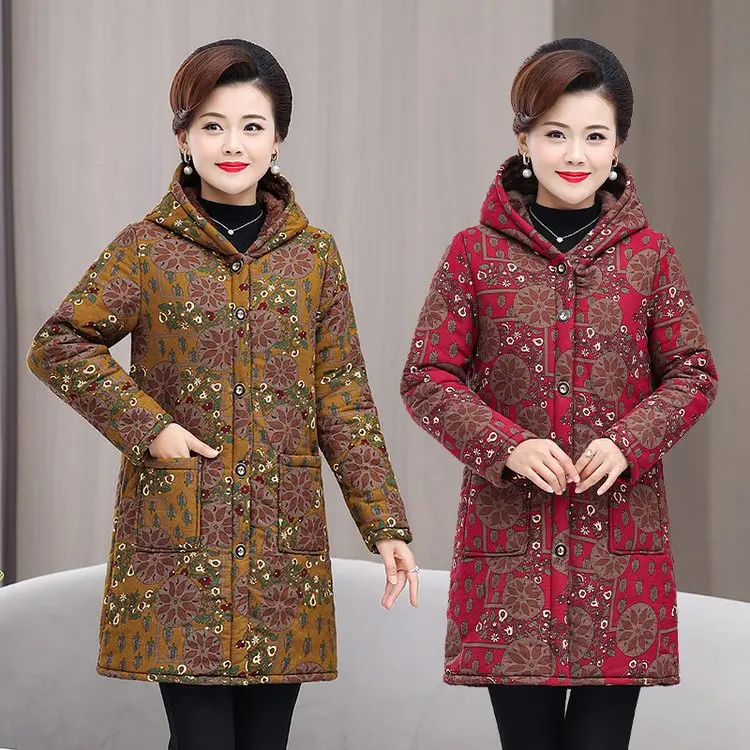 

Thiened Fce Women's Cotton Jaet Mom Clothes Middle-Aged And ly Sle Casual Mid-Length Autumn Winter Coat