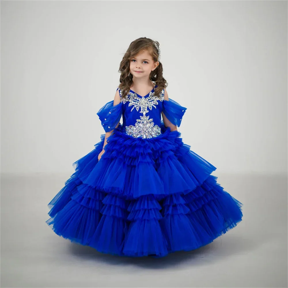 

Royal Blue Shiny Crystals Applique A Line Princess Flower Girl Dress Off Shoulder Floor Length First Communion Dress Customized