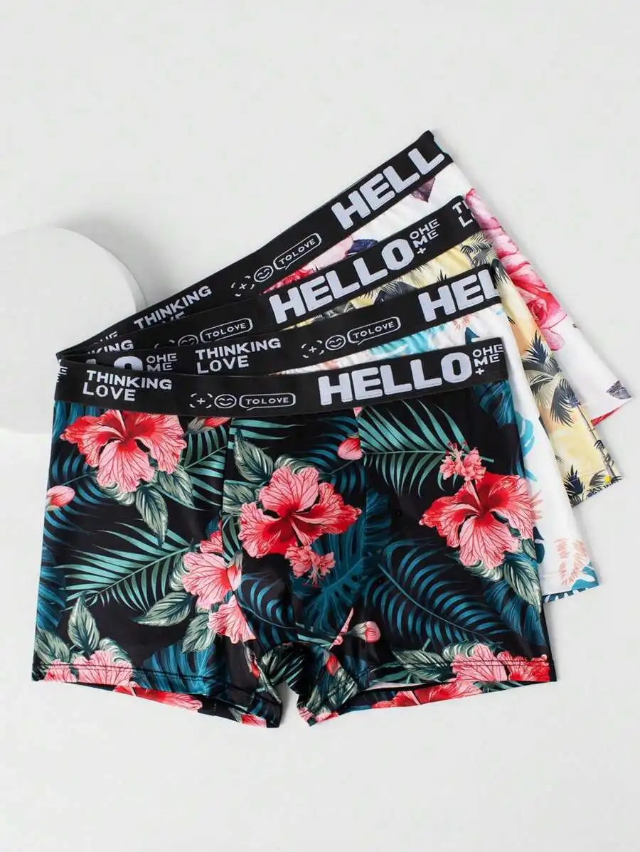 

4pcs Pack Men Floral Print Briefs, Hello Waistband, Thin Boxer Shorts