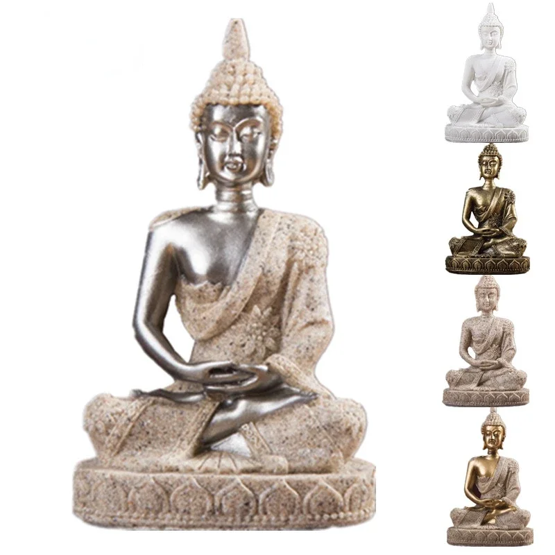 Natureza Arenito Índia Estátua de Buda, Fengshui Sentado Buda Escultura Figurinhas, Vintage Home Decor, uso para aquário, 11cm
