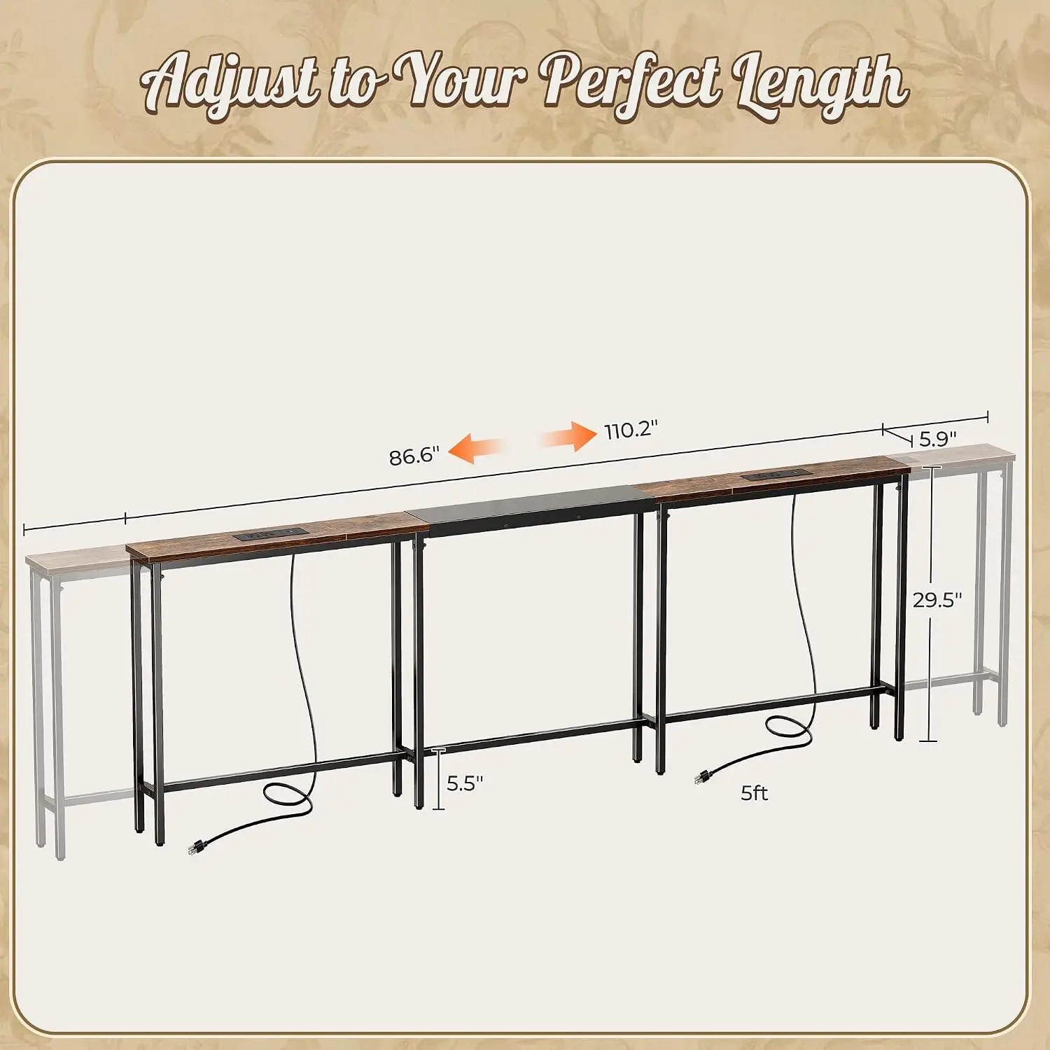Rustic Brown Narrow Sofa Table, 86.6-110.2 Inch Adjustable Length, Long Entryway Console Table Behind Couch with 2 Power Outlets & USB-C Port, Anti-Tip Kit, Living Room Use image 3