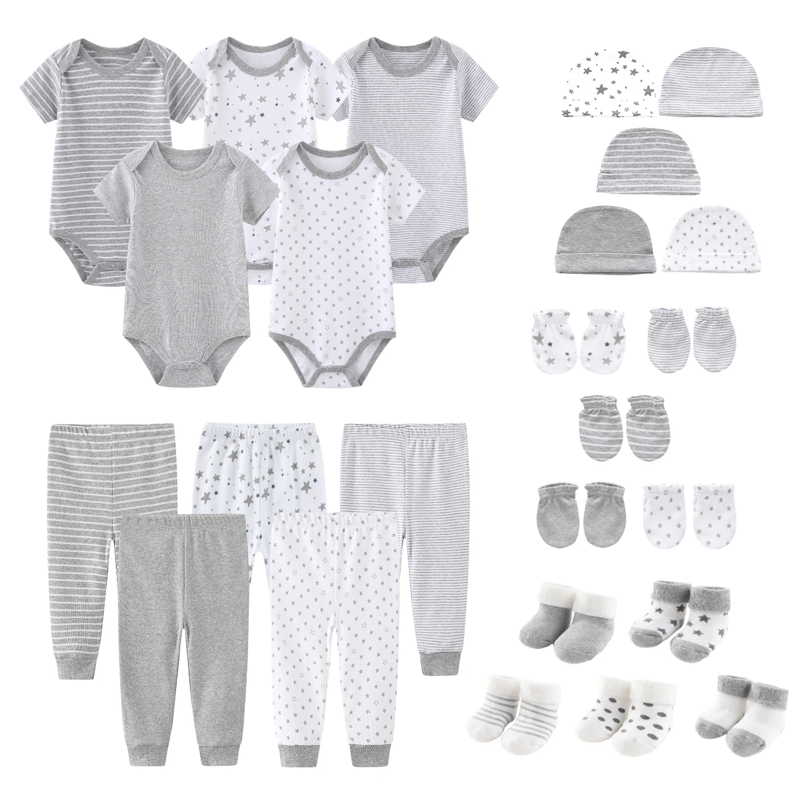 Kiddiezoom 25Pcs Fashion Unisex Newborn Clothes Set 100% Cotton Short Sleeve Bodysuits Pants Hats Mittens Socks Daily Outfit