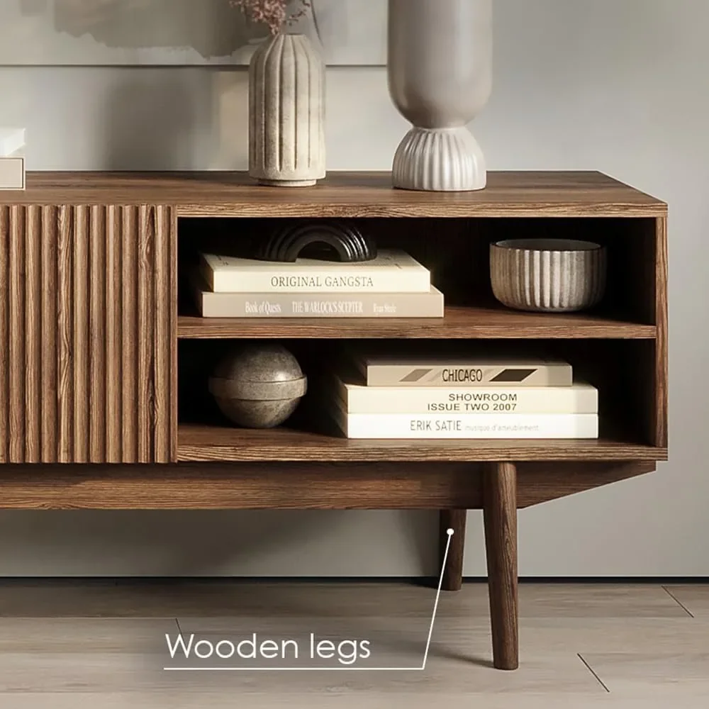 حامل تلفزيون إسكندنافي مقاس 59 بوصة بتصميم مخدد ووحدة تحكم الوسائط البنية ذات أرجل خشبية تناسب تلفزيونات مقاس 50-70 بوصة