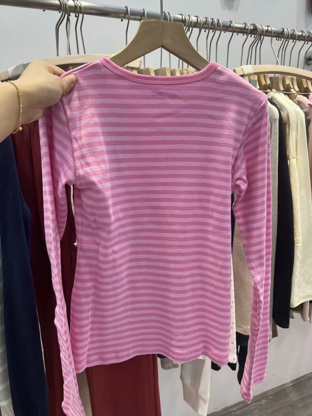 Brandy Girl Pink Striped Long Sleeve Casual Slim Fit Three Button T-Shirt American Style Commute Wind Creative Pattern Cotton