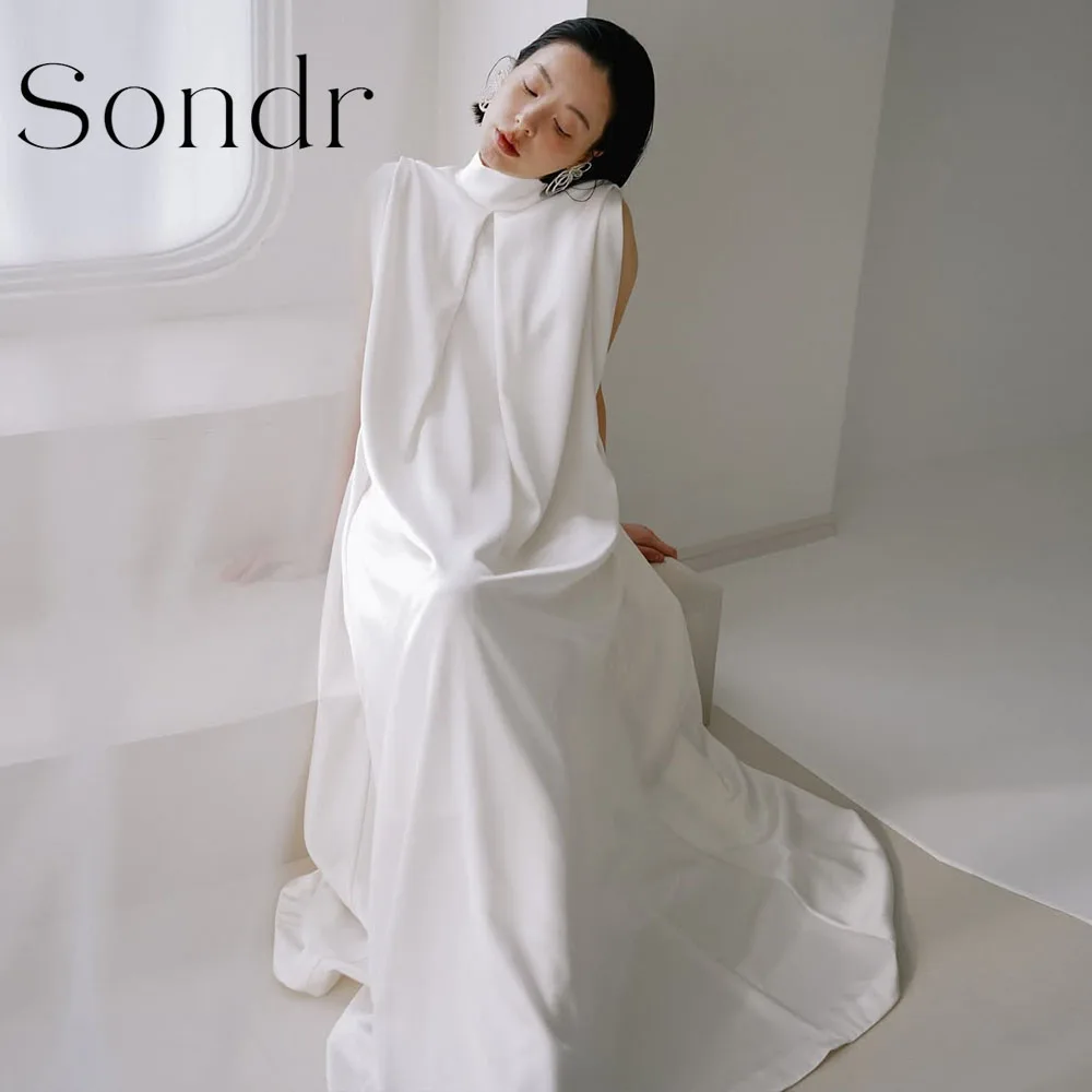 Sondr Customized High Collar Sleeveless Women Party Dresses with Pockets Simple Elegant Korean Wedding Snap Gown Lady Daily Wear