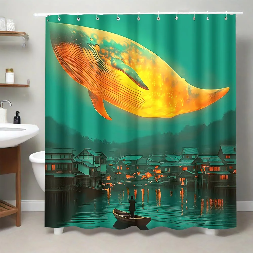 Giant Whale Floating Over Village Shower Curtain Waterproof Easy to Clean Privacy Protection Print Fantasy Art Design 12 Hooks