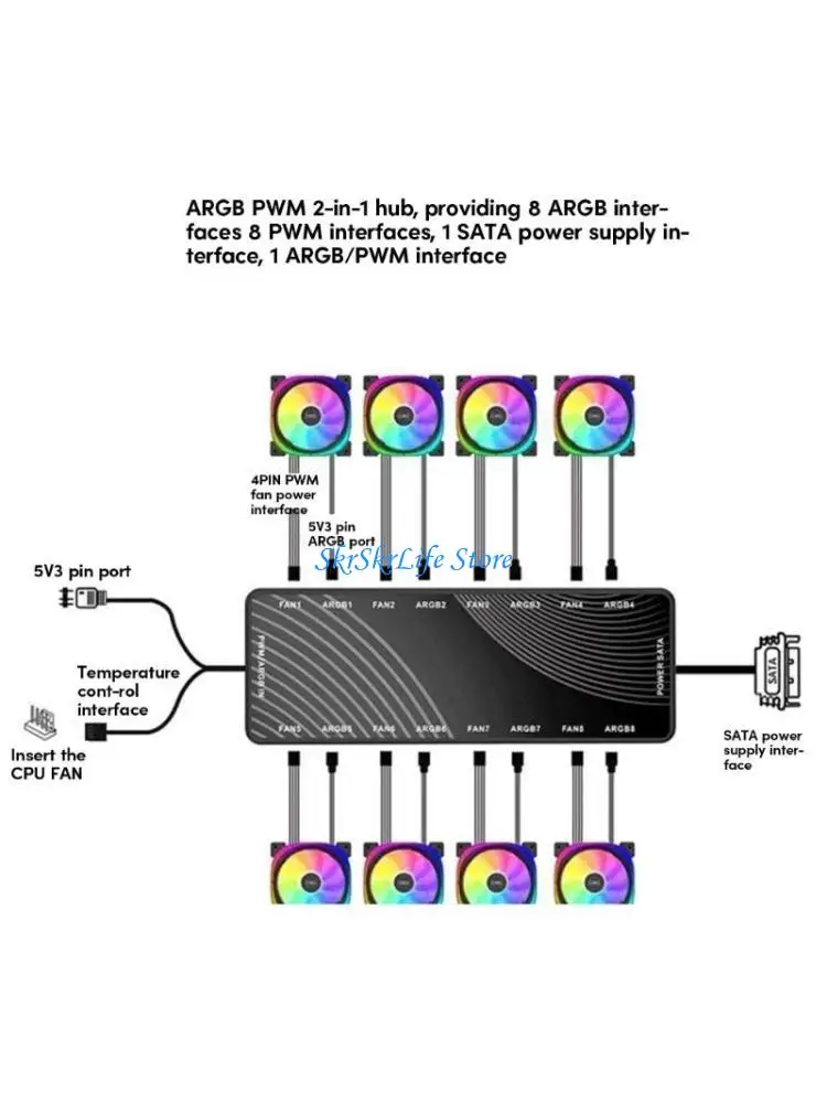 

E65E 4Pin RGB 5V 3Pin ARGB PWM Hub Splitter 8 Ports Fan Splitter Controller 8 Fans Adapter for PC Mainboard Case Fan