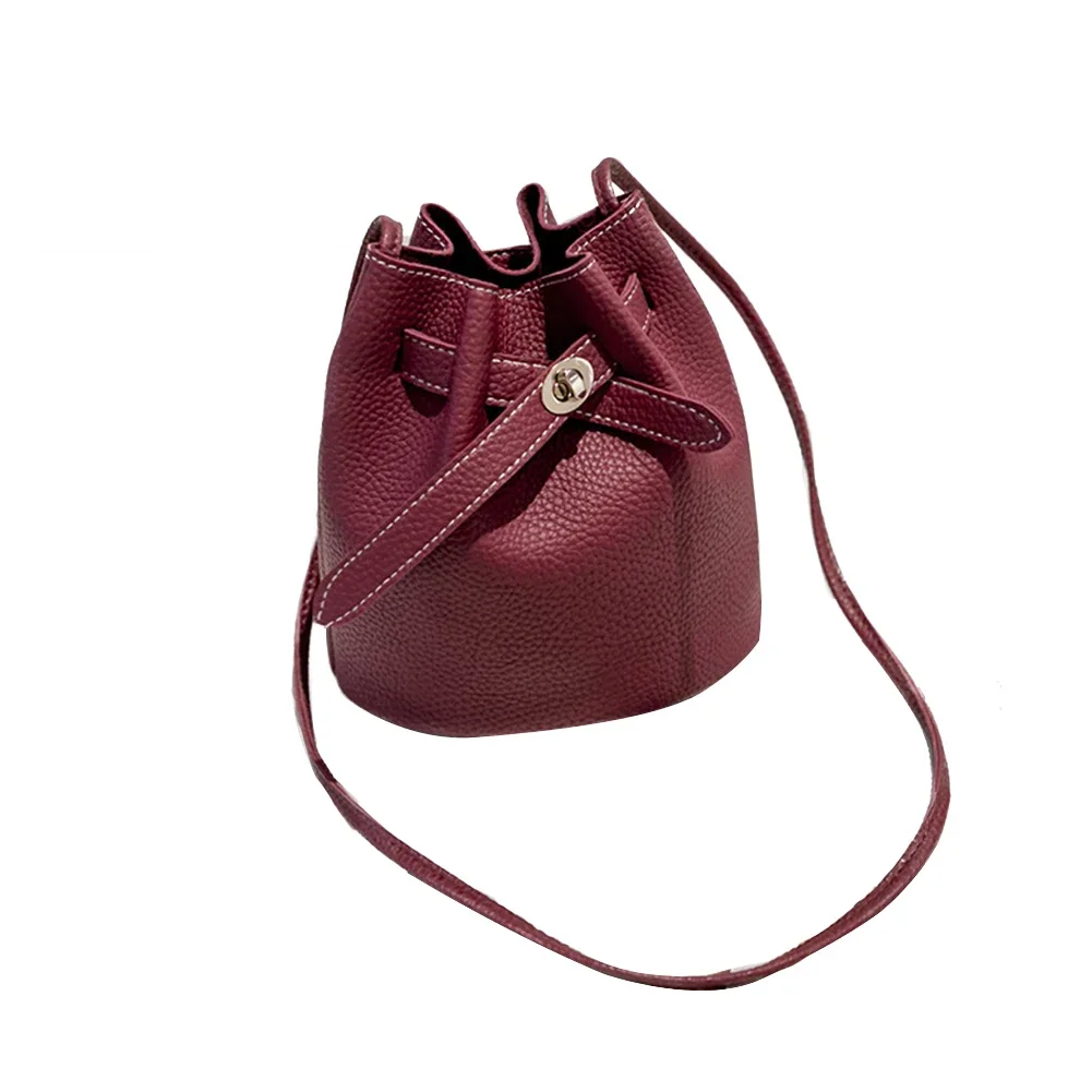 Women Large Capacity Holiday Accessories PU Leather Portable Cross Body Solid Casual Gift Bucket Bag Single Shoulder with Buckle