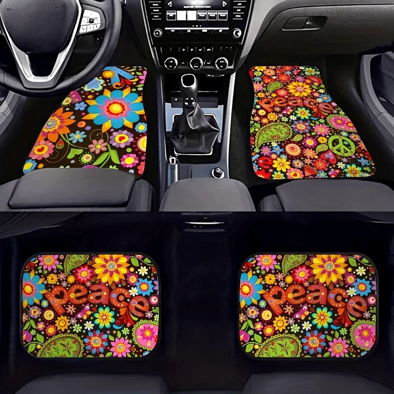 

A Set Of Four Pieces Of Peace Flower Printed Car Mat, Front And Rear Car Mat, Car Interior Accessories, Suitable For Cars, Sedan
