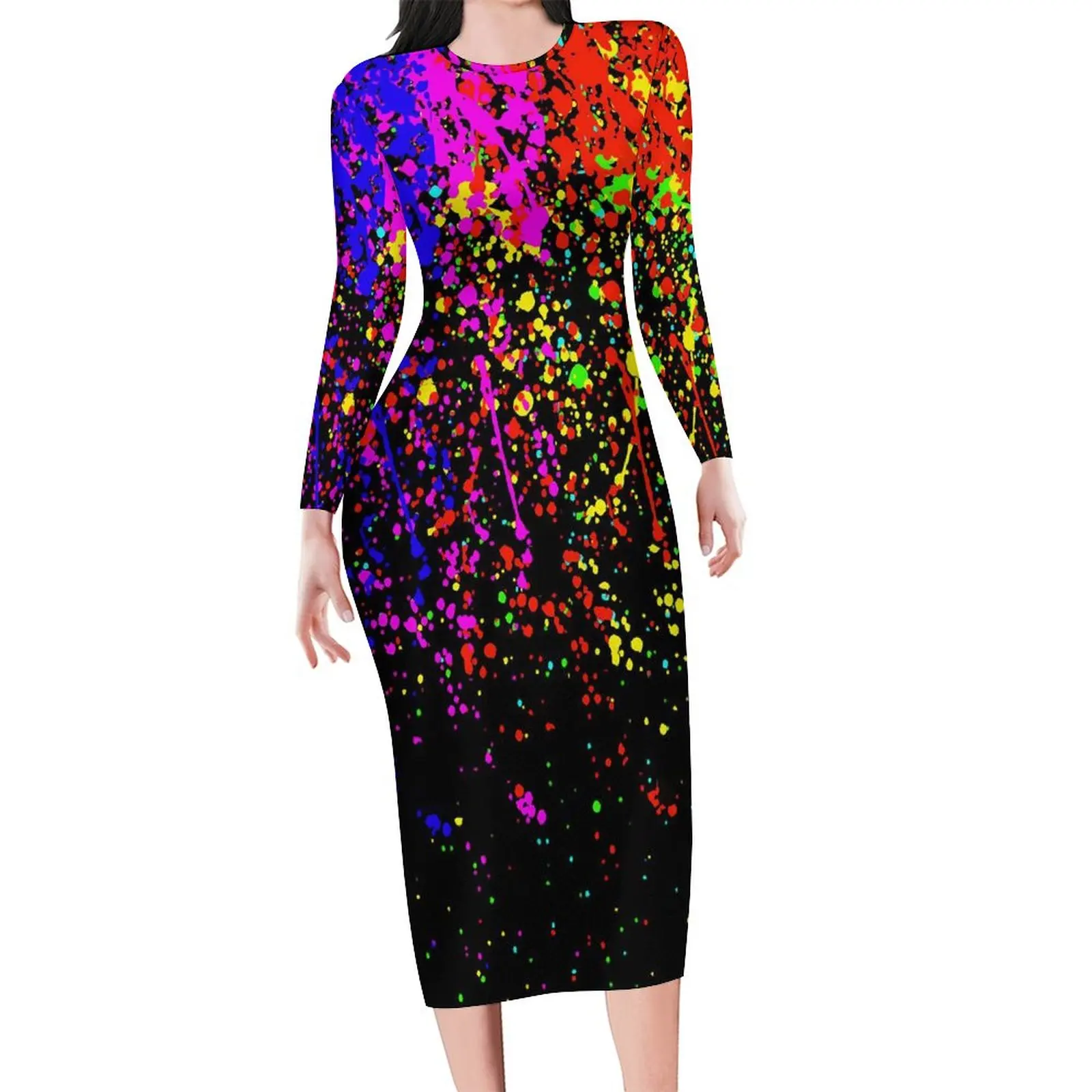 Clorful Splatter Dress Long Sleeve Abstract Print Sexy Dresses Autumn Female Aesthetic Graphic Bodycon Dress Large Size 5XL 6XL