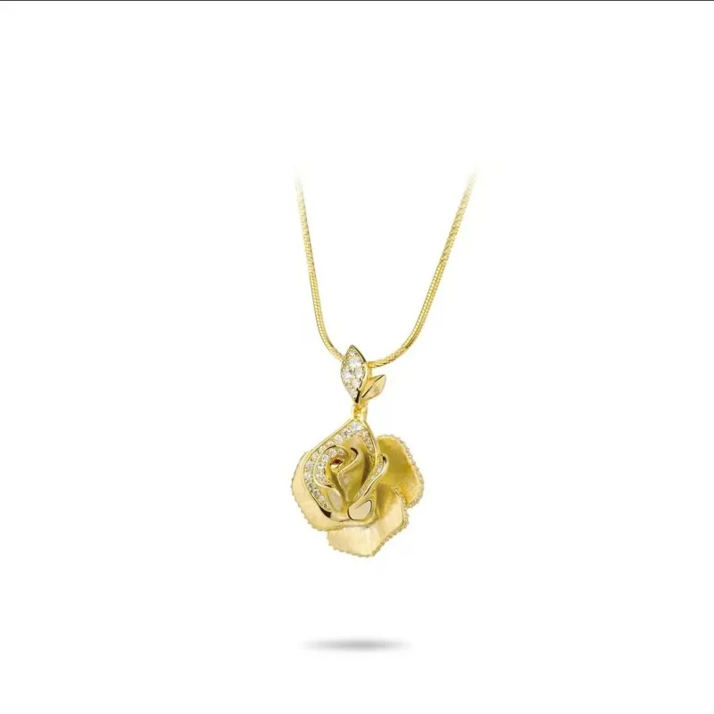 

ZOCA 925 Sterling Silver Gold Plated Romantic Yellow Rose Flower Necklace For Women Wedding Charming Temperament Jewelry