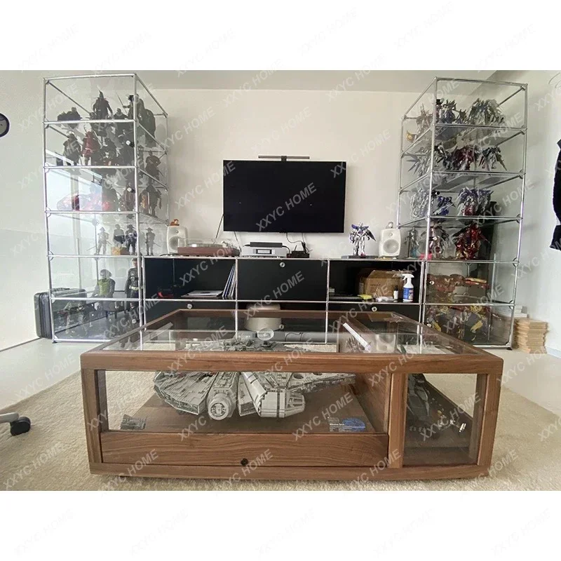YDZBlack walnut tea set display box, transparent glass storage tea room desktop solid wood display case