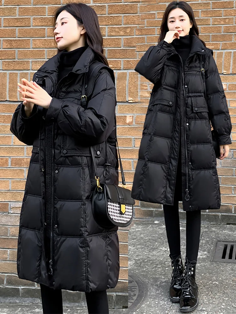 2026 Winter Women's Slim Fit Mid-Length Cotton Jacket Black Over-Knee Stand Collar Coat Stylish Commute Korean Style Thickened