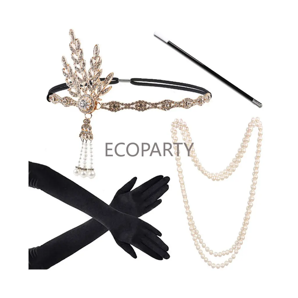 1920s Women Vintage Flapper Gatsby Costume Accessories Set 20s Headband Pearl Necklace Gloves Cigarette Holder Anime Earring Set