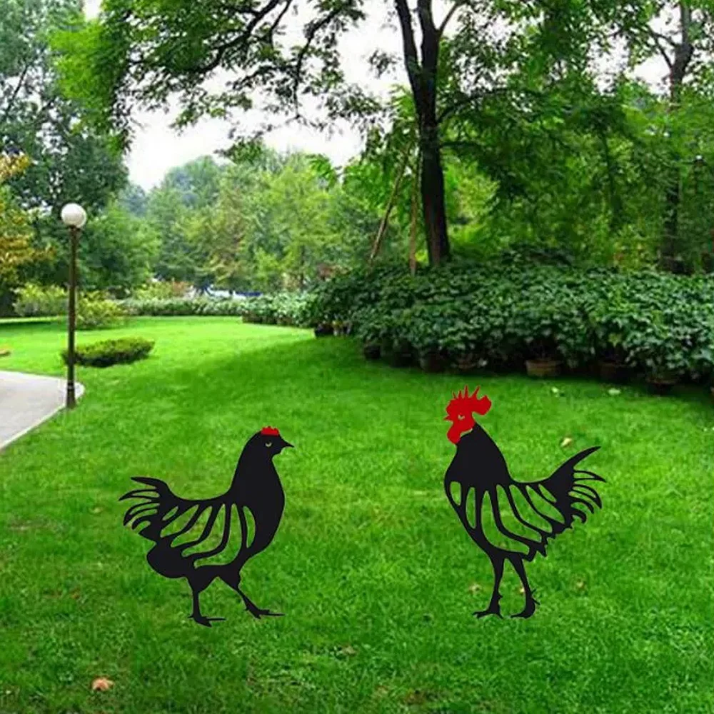 Iron Metal Rooster Hen Garden Stake Decor Hen & Rooster Black Iron Cutout Chicken Lawn Plug Ornament Garden Stake Decor