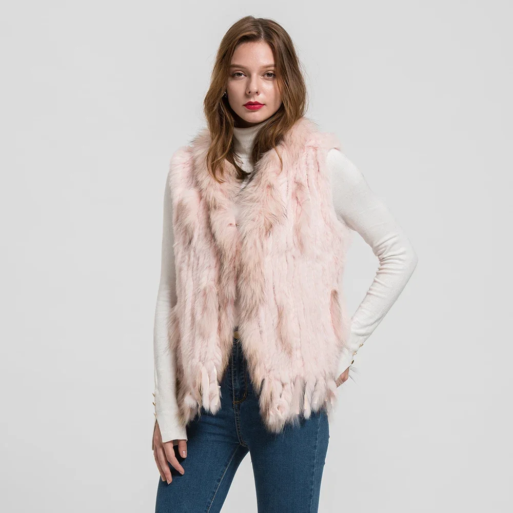 High Level Women Fur Gilet Sleeveless Rabbit Fur Knitted Vest With Raccoon Fur Collar