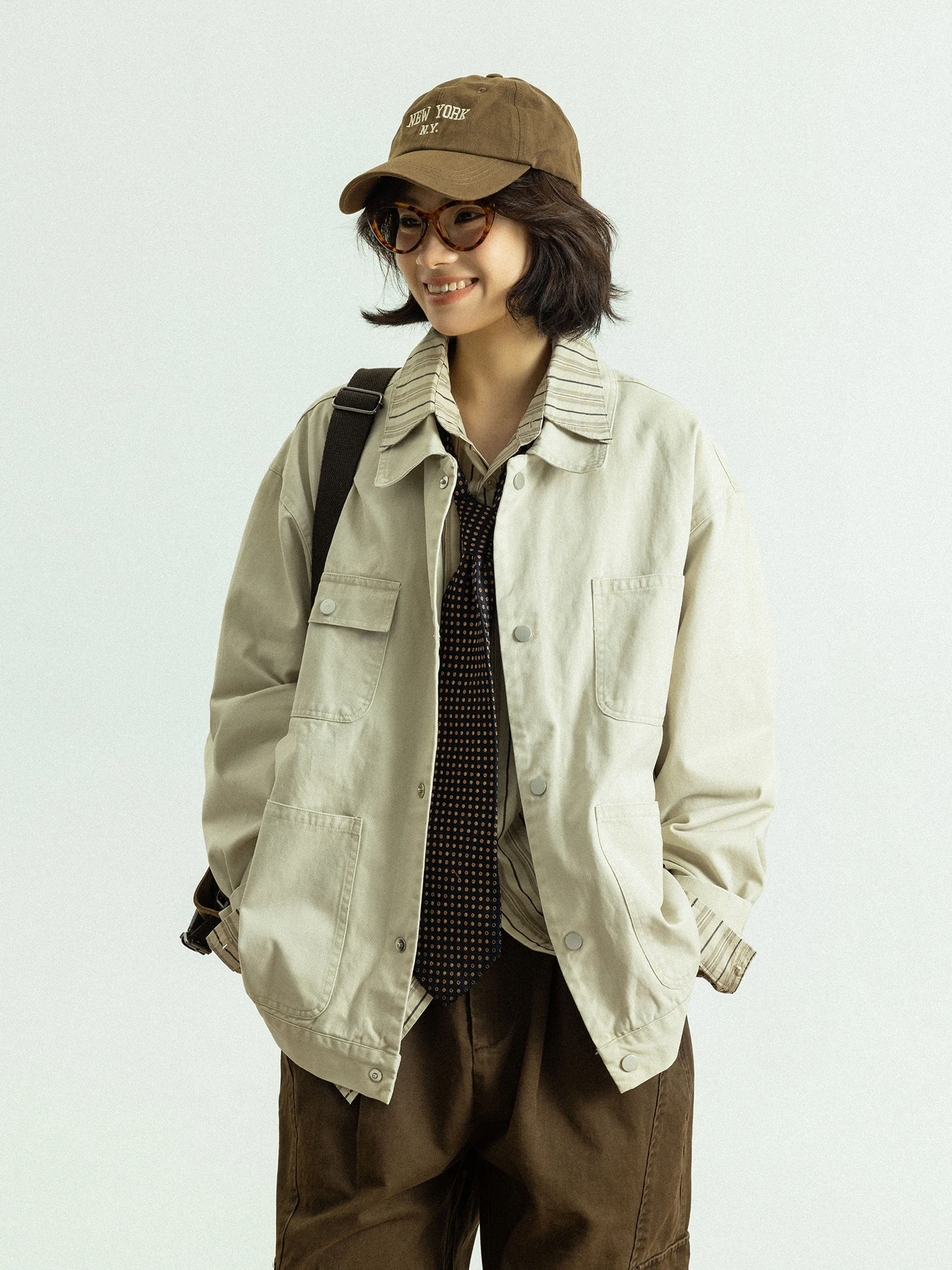 

GoodNorth Spring Casual Loose Cotton Workwear Jaet Men's Women's Multi-ket Flip-Collar Coat Neutral Sle Long Sve