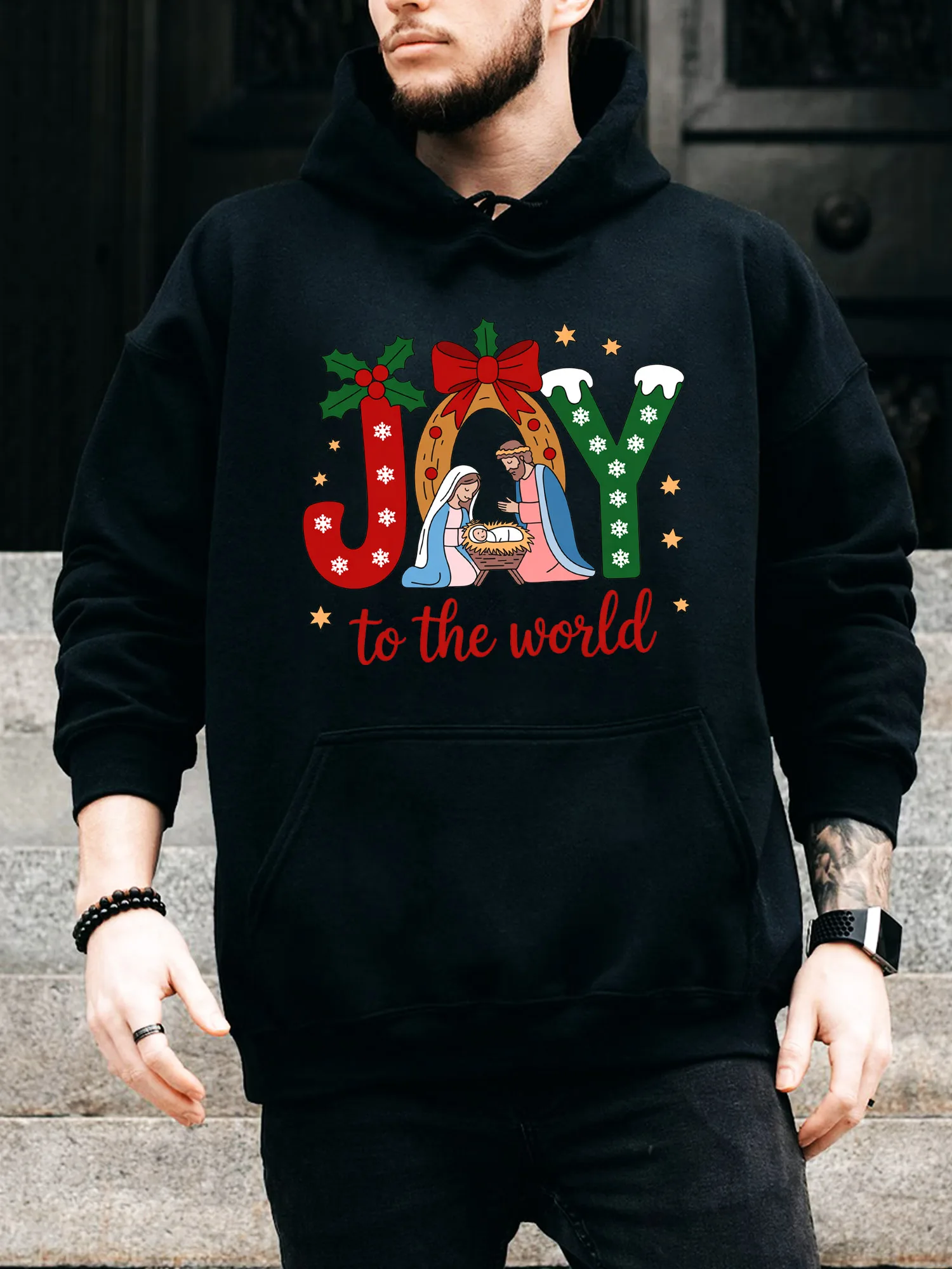 

Мужская рождественская толстовка на шнурке Christian Joy to the World — повседневный удобный черный пуловер, осенне-зимняя толстовка с капюшоном