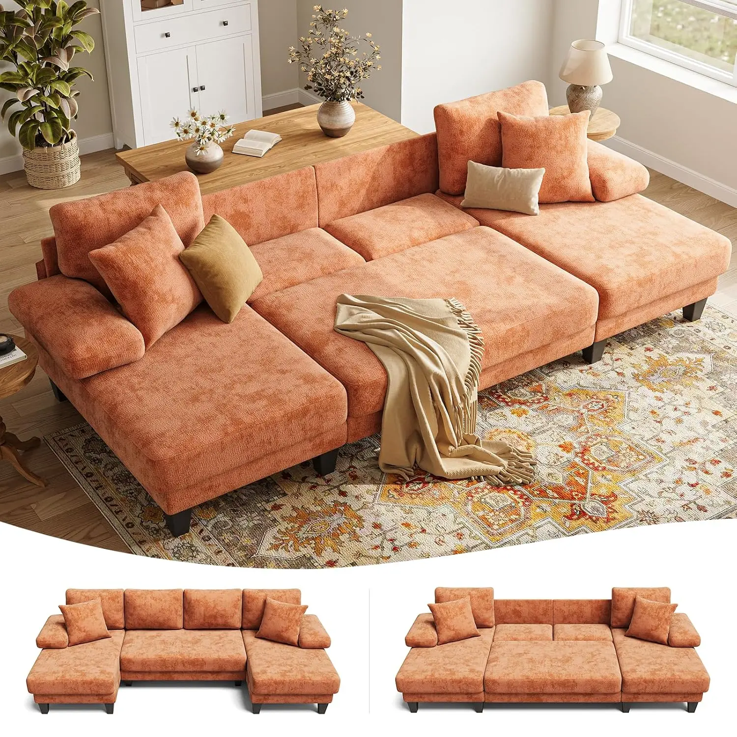 112 Inch U-Shaped Sleeper Sofa with Pull Out Bed, Chenille Fabric for Living Room, Customized