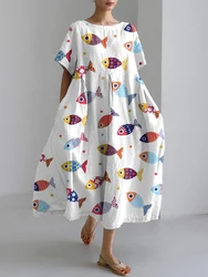 Fresh And Elegant Ocean Fish Print Dress Women's Large Size Loose Short-sleeved Dress 2024 Elegant Women's Wide Hem Dress
