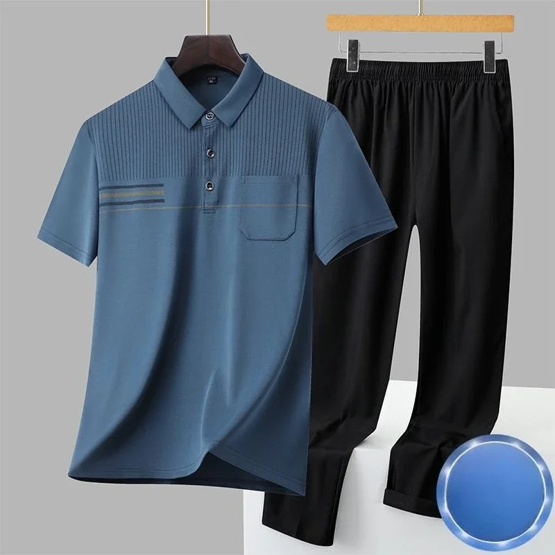 Mens Summer Quick Dry Ice Silk Polo Shirt Shorts Set Breathable Loose Fit Casual Athletic Two Piece Suit for Dad