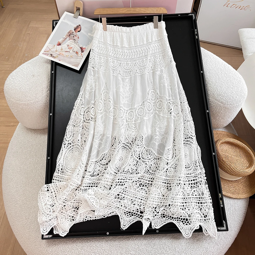 

n Sle Hollow out Lace f Skirt High Waist Wide Hem A-Line for Women Spring Summer Dstring Belted Skirts
