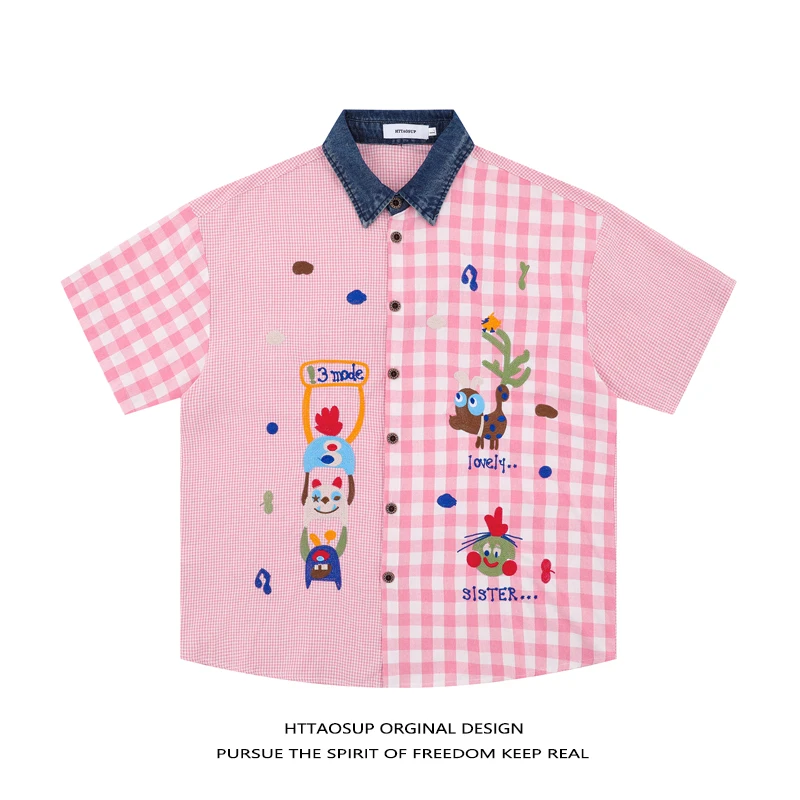 

HTTAOSUP Cartoon Plaid Patchwork Short Sleeve Loose Summer Shirt Unisex Vintage Fun Youthful Style Button up Casual Shirt