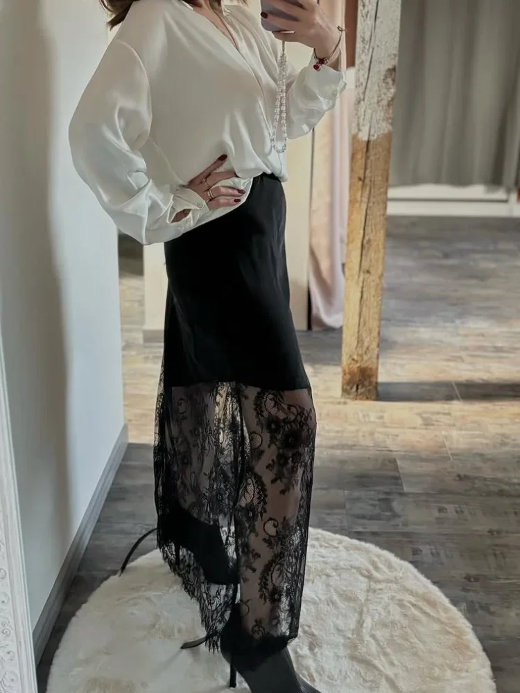 

Elegant Patchwork Lace Skirts Women Fashion Solid High Waist Slim Hollow Out Maxi Skirts Autumn Lady New 2025 Party Club Skirt