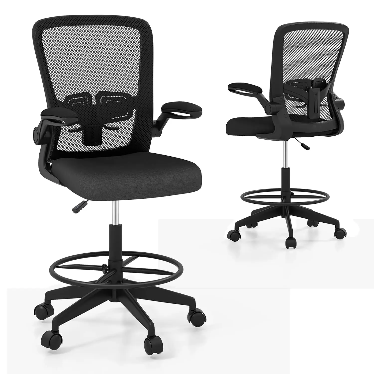 Adjustable Height Drafting Chair with Armrest & Footrest Ring, Ergonomic Tall Office Chair for Standing Desk, Black, Customized