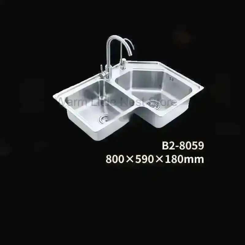 

Kitchen Kitchen Creative Corner Sinks Accessories Home Stainless Steel Double Slot Wash Basin Modern Balcony Shaped Brushed Sink