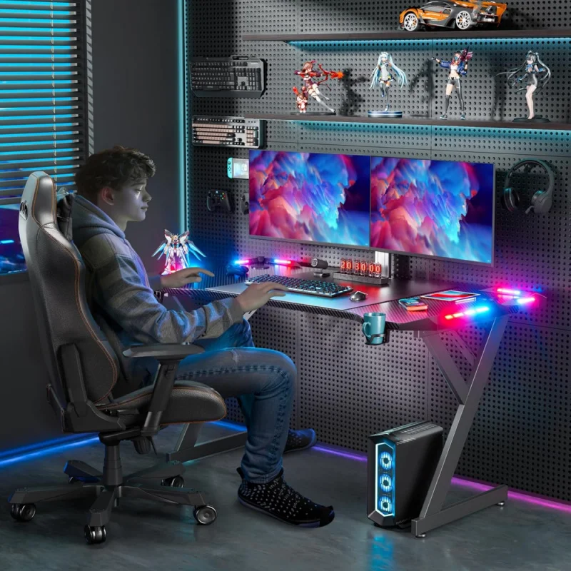 مكتب ألعاب LED مقاس 120 × 60 سم، طاولة مع LED، طلاء قوي من ألياف الكربون PC، طاولة ألعاب