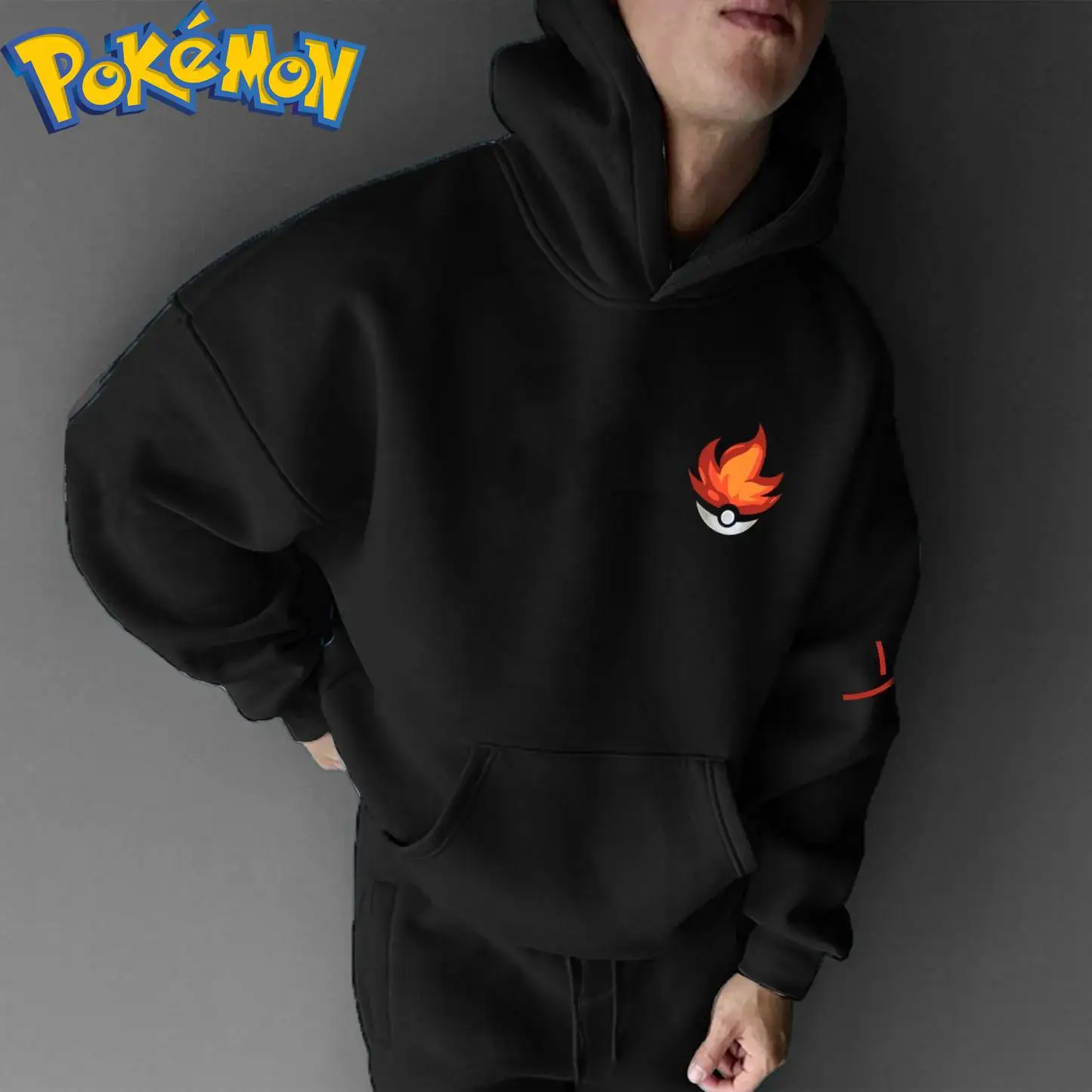 طقم سراويل هاراجوكو بقلنسوة قطنية من Pokemon Anime Infernape بنمط لهب أسود برتقالي مع تصميم شخصية صغيرة مكون من قطعتين #4